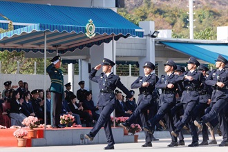 Hong Kong Customs held the Passing-out Parade for the 145th-146th Inspector Induction Courses and the 508th-510th Customs Officer Induction Courses at the Hong Kong Customs College today (February 6). Photo shows passing-out officers performing the Chinese-style foot drill.