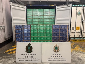 Hong Kong Customs recently mounted enforcement operations targeting large-scale illicit cigarette smuggling activities by sea and detected two cases on January 31 and February 4, during which a total of about 15.22 million suspected illicit cigarettes with an estimated market value of about $68 million and a duty potential of about $50 million were seized. Eight men were arrested. Photo shows the suspected illicit cigarettes seized inside the false compartment built within the container of the ocean-going cargo vessel intercepted by Customs on January 31.