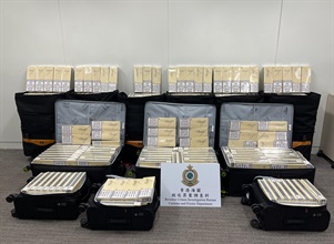 Hong Kong Customs mounted an enforcement operation codenamed "Clear Sky" to combat illicit cigarette smuggling activities involving air passengers and related illicit cigarette storage centres between March 3 and today (March 11). Photo shows some of the suspected illicit cigarettes seized at the airport.