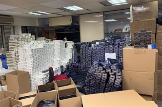 Hong Kong Customs mounted an enforcement operation codenamed "Clear Sky" to combat illicit cigarette smuggling activities involving air passengers and related illicit cigarette storage centres between March 3 and today (March 11). Photo shows some of the suspected illicit cigarettes seized from a suspected illicit storage centre in an industrial building in Kwai Chung.