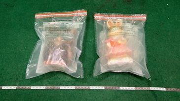 Hong Kong Customs detected two dangerous drugs cases at Hong Kong International Airport and Ho Man Tin on March 21 and yesterday (March 23) respectively, and seized a total of about 8 kilograms of suspected ketamine, about 2.3kg of suspected cocaine and about 1.1kg of suspected crack cocaine, with a total estimated market value of about $6.6 million. Three persons suspected to be connected with the cases were arrested. Photo shows the suspected ketamine concealed in ceramic figurines in the first case.