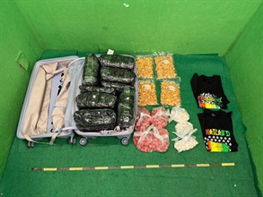 Hong Kong Customs yesterday (June 16) detected a drug trafficking case involving baggage concealment at Hong Kong International Airport and seized about 8 kilograms of suspected cannabis buds with an estimated market value of about $1.4 million. Photo shows the suspected cannabis buds concealed inside the suitcase.