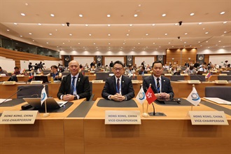 The Commissioner of Customs and Excise, Mr Chan Tsz-tat, from June 22 to yesterday (June 27), led a delegation to attend the 94th Session of the Policy Commission and the 147th/148th Customs Co-operation Council (CCC) Sessions of the World Customs Organization (WCO) in Brussels, Belgium. Photo shows Mr Chan (centre), the Assistant Commissioner (WCO) of Customs and Excise, Mr Li Kin-kei (left) and Senior Staff Officer (Customs Affairs and Co-operation), Mr Au Kin-wai (right) attending the 147th/148th CCC Sessions of the WCO.