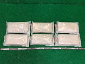 Hong Kong Customs yesterday (July 21) and today (July 22) detected three drug trafficking cases involving incoming air passengers at Hong Kong International Airport and seized a total of about 5.4 kilograms of suspected cocaine and about 14kg of suspected methamphetamine, with a total estimated market value of about $11 million. Three men were arrested. Photo shows the suspected cocaine seized in the first case.