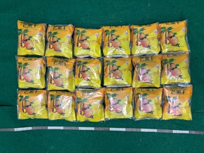 Hong Kong Customs today (July 24) detected two passenger drug trafficking cases at Hong Kong International Airport and seized about 9.5 kilograms of suspected cannabis buds, with a total estimated market value of about $1.8 million. Three persons were arrested. Photo shows the snack packages used to conceal the suspected cannabis buds in the first case.