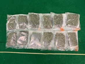 Hong Kong Customs detected two trafficking drugs cases involving baggage concealment at Hong Kong International Airport today (Sep 25) and seized about 6 kilograms of suspected cannabis buds, with a total estimated market value of about $1.2 million. Two men were arrested. Photo shows the suspected cannabis buds seized from the carry-on suitcase of the 36-year-old male passenger.