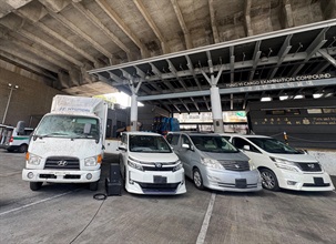 Hong Kong Customs and the Fire Services Department mounted a territory-wide joint operation codenamed "Knockout" targeting illicit fuel activities from September 16 to 30, aiming to cut off the source and supply of illicit fuel and tackle illegal fuelling activities in downtown areas. Photo shows the vehicles seized in the joint operation.