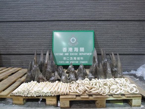 Hong Kong Customs yesterday (November 14) smashed a smuggling case and seized 33 rhino horns, 758 ivory chopsticks and 127 ivory bracelets with a total value of about $17.4 million hidden inside a container shipped to Hong Kong. Photo shows the seized rhino horns and ivory products.