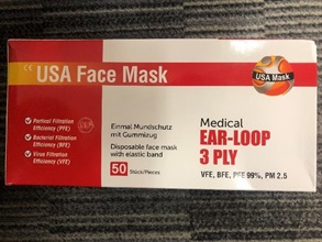 Hong Kong Customs today (June 5) searched four pharmacies in Mong Kok and Tsuen Wan and seized 464 boxes containing a total of 23 200 surgical masks with a suspected false description of the distributor's address. Customs appeals to members of the public to stop using the surgical mask concerned since its source is unknown. Photo shows the packaging of the surgical mask involved.