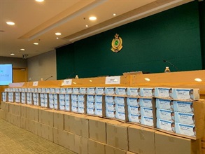 Hong Kong Customs is currently investigating a case in which surgical masks with suspected false trade descriptions were supplied to the Government Logistics Department. Four persons, including directors and staff members, of the two suppliers involved in the case were arrested for being in contravention of the Trade Descriptions Ordinance. Photo shows the type of mask involved in the case.