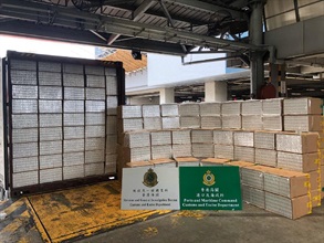 Hong Kong Customs today (July 9) seized about 10 million suspected illicit cigarettes with an estimated market value of about $27 million and a duty potential of about $19 million at the Kwai Chung Customhouse Cargo Examination Compound. Photo shows the suspected illicit cigarettes seized.